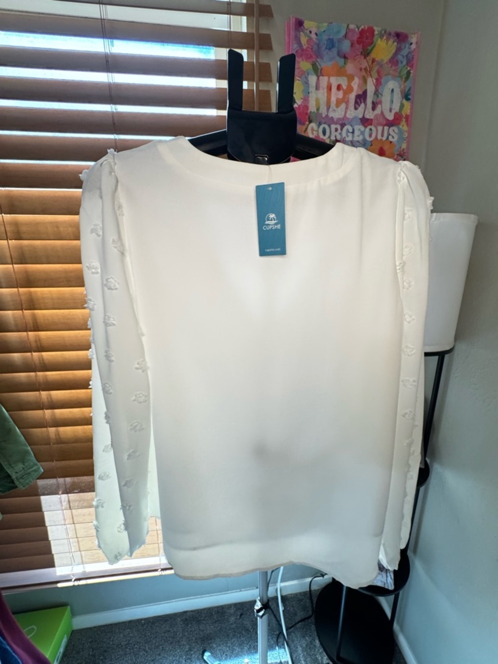 Cupshe White V-Neck Blouse with Textured Dot Sleeves - Picture 5 of 5